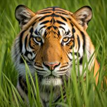 A tiger hiding in the grass