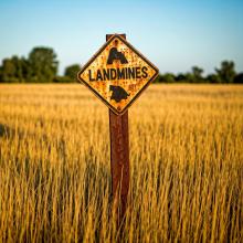 A sign that says 'Land Mines'