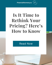 A promotional graphic for a blog post titled “Is It Time to Rethink Your Pricing? Here’s How to Know.” The background features a cozy workspace with a laptop and a mug. The top banner shows FinancialHarmony.ca and a circular “fh” logo. A teal call-to-action button says “Read Now.” 