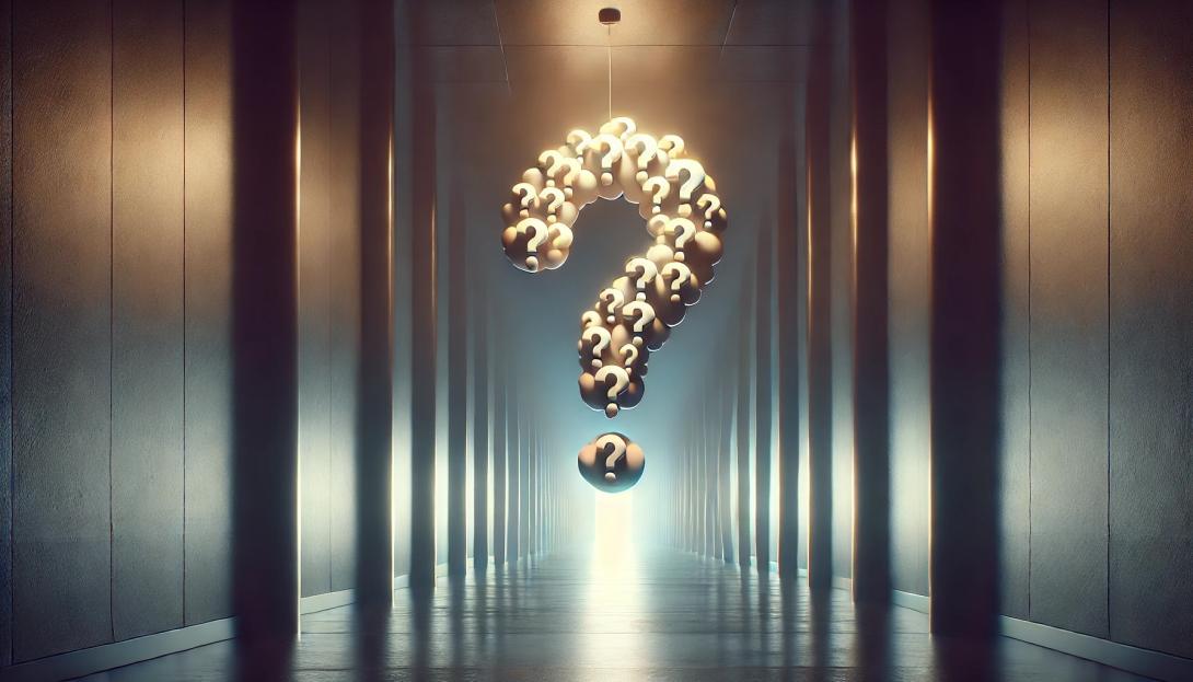 A question mark floating in a long mysterious hallway