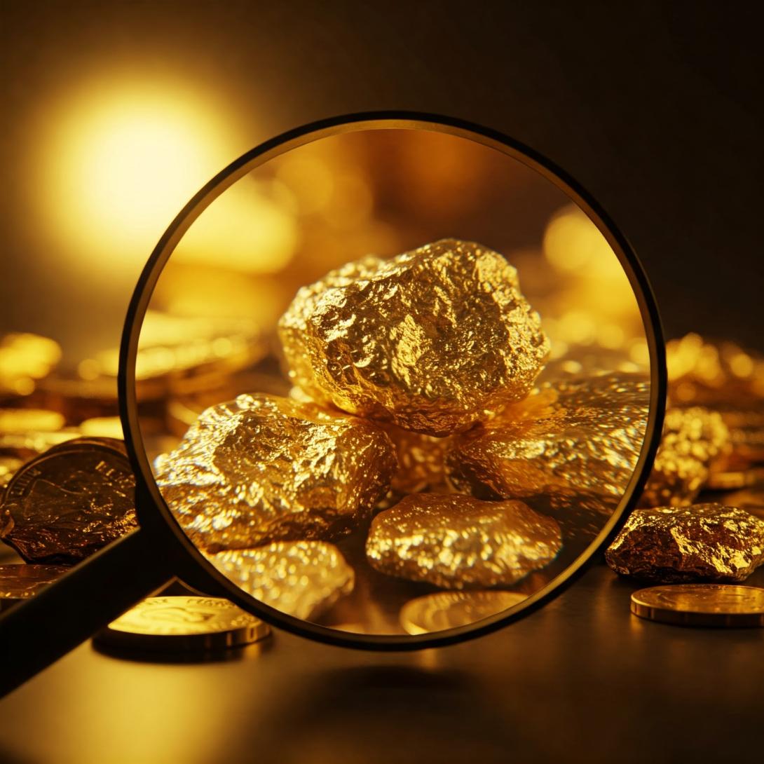 Gold nuggets viewed through a magnifying glass