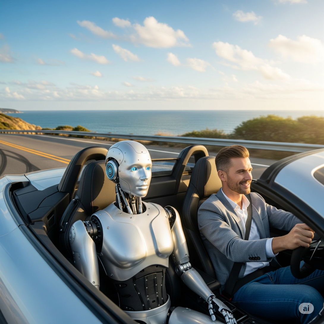 An AI robot and a sales rep driving in a sports car